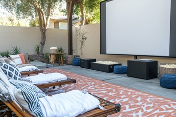 An outdoor movie night for a family reunion, featuring a large projector screen, cozy seating with blankets and pillows, and a popcorn station,