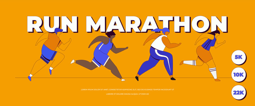Abstract runners figures. Colorful illustration of group of people, men and women, running marathon together. Running race, people run, colorful poster template