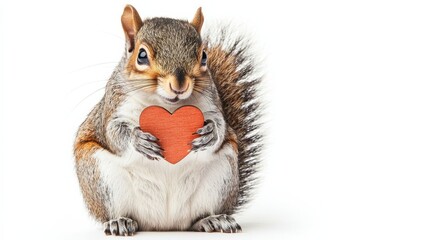 Obraz premium Adorable squirrel sitting upright and holding a bright red heart shaped object expressing a sense of playfulness and affection