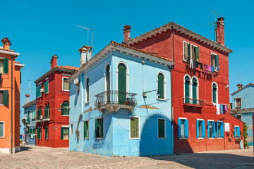 Old colorful vibrant buildings in Burano, Italy.