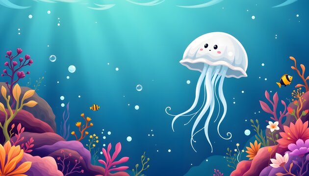 a colorful animated underwater scene with a whimsical pink octopus swimming near a vibrant coral ree
