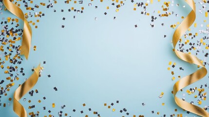 Elegant and contemporary New Year 2025 design with a minimalist aesthetic featuring shimmering gold confetti ribbons and streamers against a vibrant sky blue background