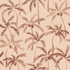 Mocha mousse palms repeat pattern. Exotic seamless tile hand drawn with watercolor. Aquarelle coconut palm trees. Summer beach print. Warm brown, beige colors. For textile, fabric, clothing packaging