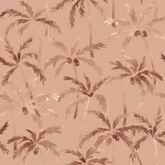 Mocha mousse palms repeat pattern. Exotic seamless tile hand drawn with watercolor. Aquarelle coconut palm trees. Summer beach print. Warm brown, beige colors. For textile, fabric, clothing packaging