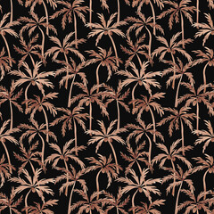 Palms repeat pattern. Exotic seamless tile hand drawn with watercolor. Aquarelle coconut palm trees. Summer beach print. Warm brown, beige colors. For textile, fabric, clothing, surface, packaging