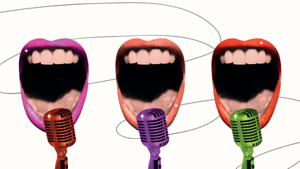 Vintage retro music halftone set. Karaoke collage collection with girl mouth, microphone. Grunge mic, equipment, modern disco elements for sing poster, podcast. Trendy isolated vector illustration.