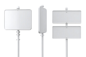 Three Blank White Signs on Poles, Isolated on Transparent Background, PNG