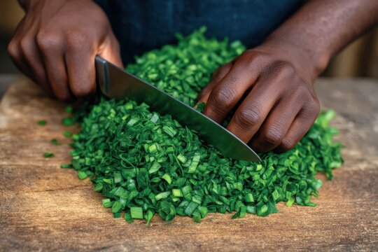 Hands expertly chopping fresh green onions with a sharp knife on a rustic wooden cutting board creating a beautiful culinary backdrop of vibrant herbs and fresh ingredients for cooking dishes