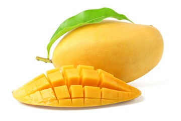 Mango yellow with green leaves cut to reveal juicy yellow flesh. isolated on white background.