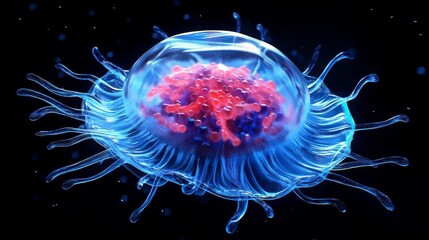 Obraz premium microscopic artistic representation of a hydrogel-encased cancer cell, surreal and hyper-detailed biological illustration, jelly-like blue protective shell, textured nucleus with a deep pink and red