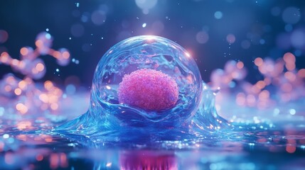 conceptual 3d digital illustration of hydrogel-based cancer therapy, a semi-transparent sphere containing a cancerous cell, vibrant blue hydrogel structure, highly detailed cellular filaments,