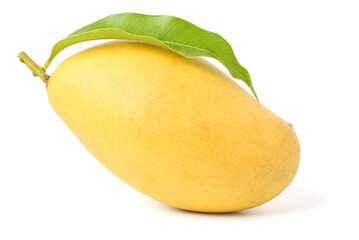 Mango yellow with green leaves cut to reveal juicy yellow flesh. isolated on white background.
