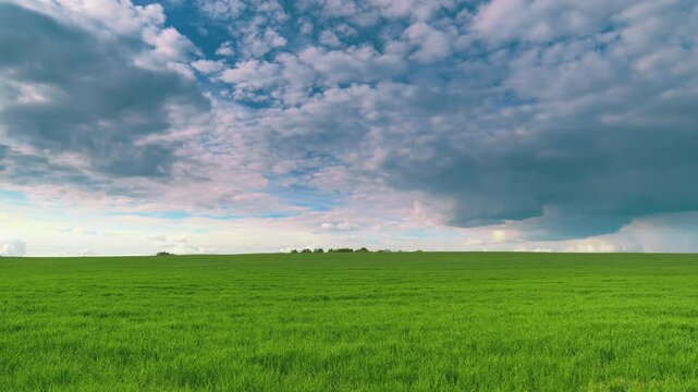 A Vast Green Field Stretching Beneath a Dramatic Cloudy Sky Awaits Your Discovery Time lapse.