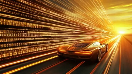 Futuristic sports car speeds through a tunnel of data at sunset for cutting-edge tech - Powered by Adobe