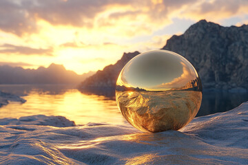 Golden sphere reflecting sunset over mountains and lake serene landscape