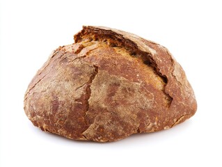 Rustic round loaf of crusty artisan bread on white background

