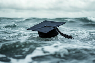 Graduation cap adrift in stormy sea representing challenges after graduation