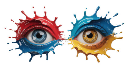 Two eyes featuring distinct colors, surrounded by vibrant splashes of paint, create an artistic and dynamic visual on a transparent background, celebrating individuality and creativity