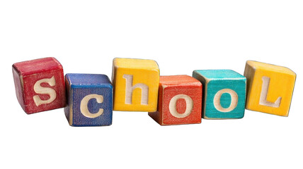 PNG. Multicolored alphabet blocks spelling 'School', isolated on transparent background, studio lighting.