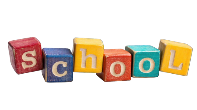 PNG. Multicolored alphabet blocks spelling 'School', isolated on transparent background, studio lighting.