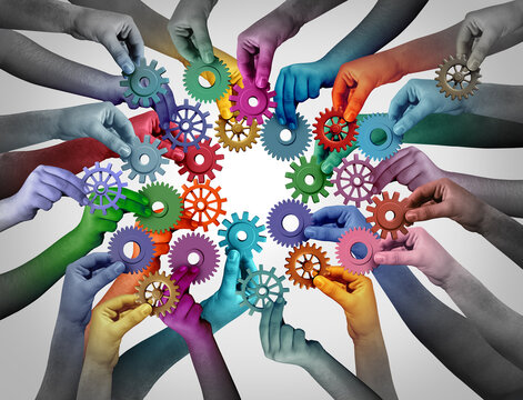 Connecting as A Team and Joining an organization and Connect team concept or unity and teamwork idea as a business metaphor for partnering as diverse people connected together.