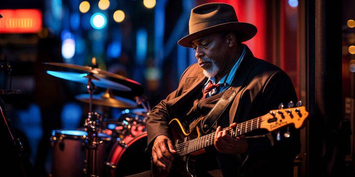 Talented African American guitarist performing live music with a band in an urban setting. Music performance, entertainment, jazz, soulful tunes. - Powered by Adobe