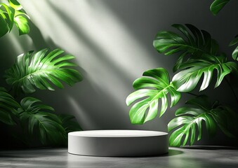 Obraz premium Empty pedestal surrounded by lush tropical foliage.