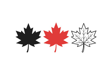 Fototapeta premium Maple Leaf Icon Set – Red, Black & Outline Vector Illustration 