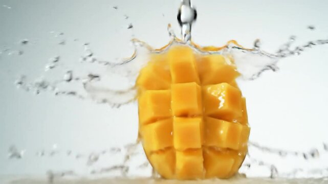 Water splash and mango. Shot with high speed camera, phantom flex 4K. Slow Motion.