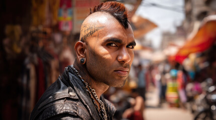 Stylish Indian guy with mohawk and biker jacket standing in street market