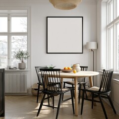 Fototapeta premium Bright, modern dining room with blank art