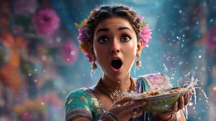 Indian woman in saree with joyful wide mouth expression holding decorative item