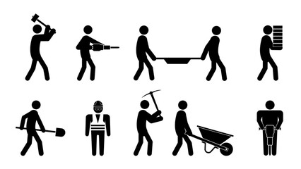 Set of stick figures, construction and repair, flat vector illustration.