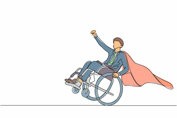Fototapeta premium Single continuous line drawing happy disabled businessman in cloak suit pretend to be superhero, raising hands up. Be happy and strong despite life's difficulties. One line draw graphic design vector
