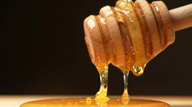Honey dripping off honey dripper on black background