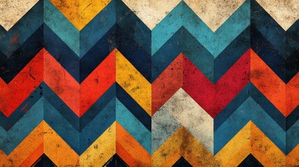 Vibrant geometric chevron pattern with bold retro colors and distressed texture