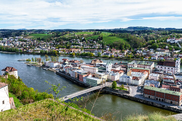 Confluence of rivers Inn, Danube and Ilz in Passau, Bavaria, Germany. The City of Three Rivers