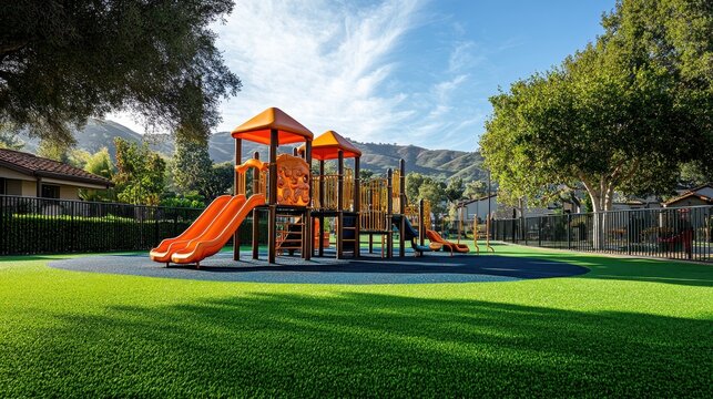 Vibrant playground with slides in sunny park surrounded by trees and hills