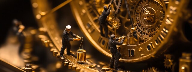 Miniature watchmakers repair the mechanism of a colossal antique clock. Time, craftsmanship, precision, antique objects, miniature world, mechanical repair. selective focus banner 