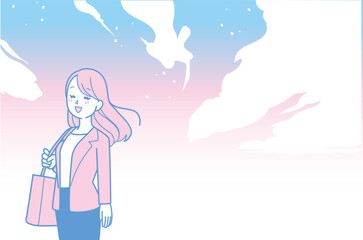 爽やかに晴れた空とスーツの女性