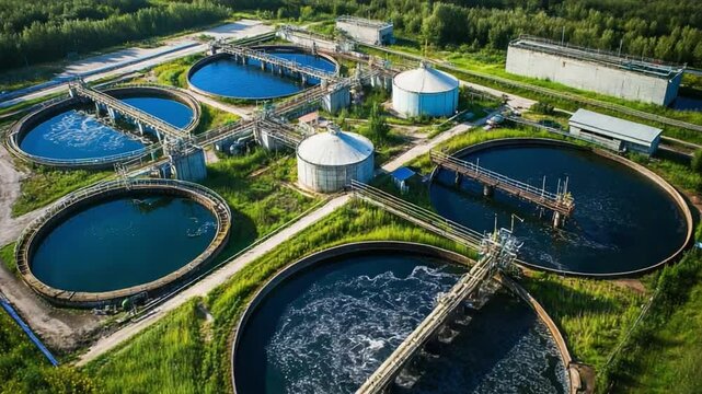 Water Treatment Plant: A top-down view showcases a modern water treatment plant with multiple circular basins, showcasing the essential processes of water purification