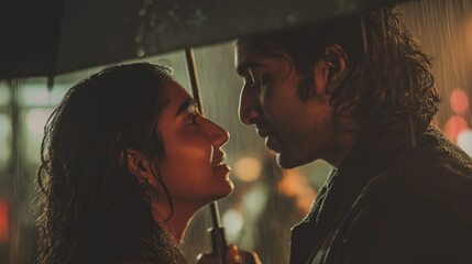 Young Indian couple sharing a romantic moment under a black umbrella
