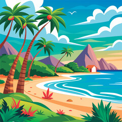Fototapeta premium Vector illustration of a Tropical beach paradise scene.