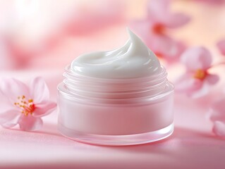 Healthy white cosmetic cream in a pink jar for natural face and body skin care