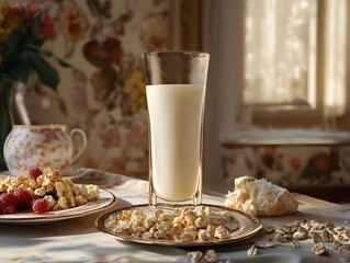 Healthy breakfast of milk and muesli in a glass with fresh berries
