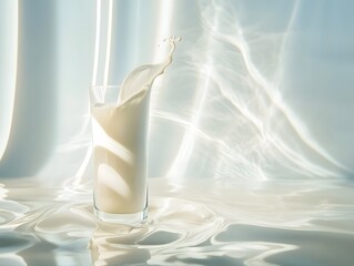 Fresh white milk splashes into a transparent glass, a cold dairy drink pouring for a healthy beverage
