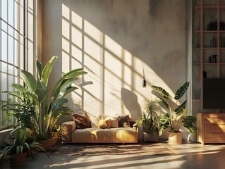 Modern house living room interior with plants, furniture, and a window view of a garden