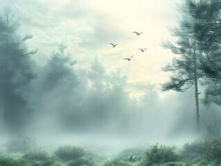 Misty morning fog embraces the forest and river as dramatic clouds drift across the sky