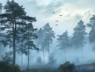 Misty morning light filters through the pine trees in a cold winter forest landscape