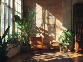 Luxury hotel or home interior featuring a dining table with chairs, plants, and large windows offering a garden view